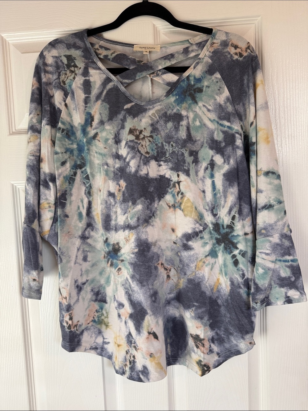 Crisscross Tie-Dye Long Sleeve Tee in Blue and Cream